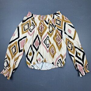 Dixie Blouse Women's L Cream Geometric Print Long Sleeve Boho Off Shoulder Top